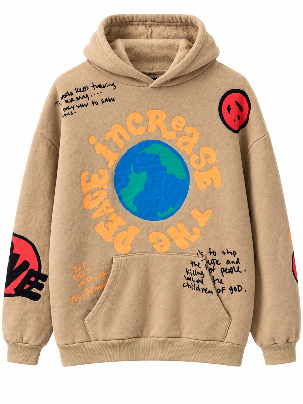 PacSun Increase the Peace Tan Globe Graphic Pullover Hoodie Size Large